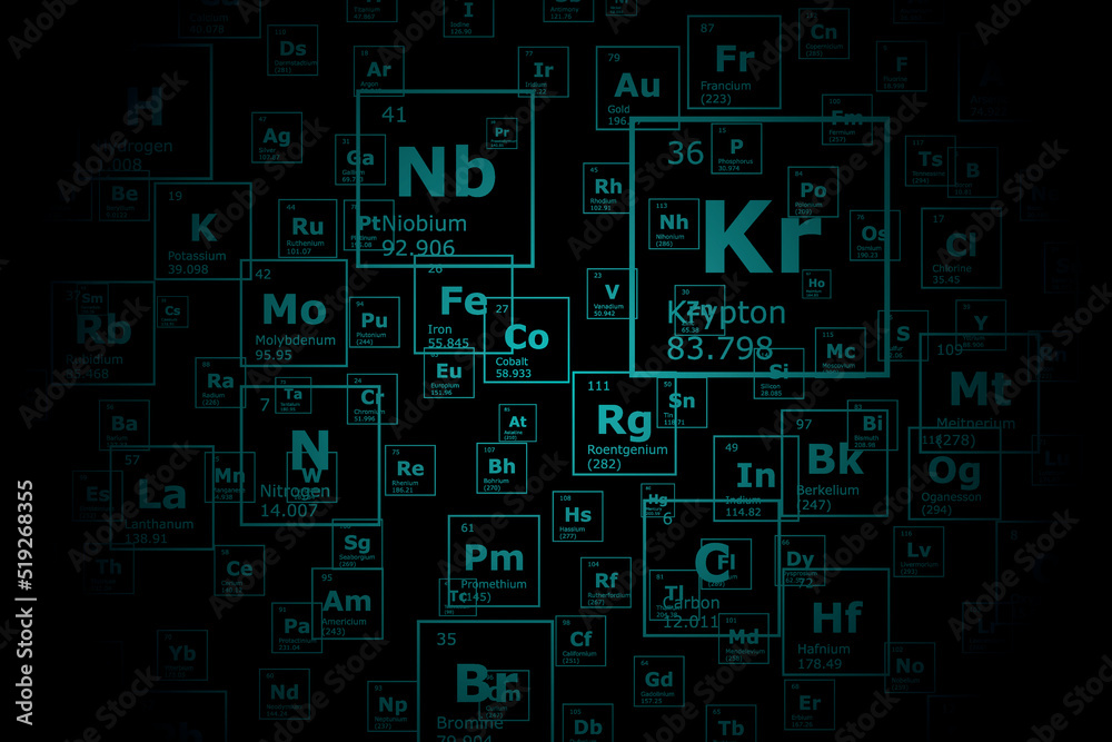 Futuristic background of the periodic table of the chemical elements with their atomic number, atomic weight, element name and symbol on a black background