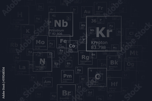 Background of the chemical elements of the periodic table with their atomic number, atomic weight, element name and symbol on a black background