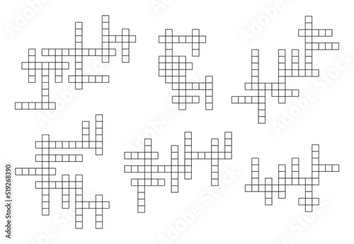 Crossword puzzle, word quiz grids collection. Educational game, vocabular riddle or playing activity. Intellectual puzzle or crossword text quiz vector grids set
