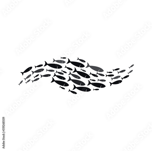Silhouette of group of sea fishes, isolated shoal and fish school icon. Vector school of fish swimming, shoaling and schooling in sea or ocean