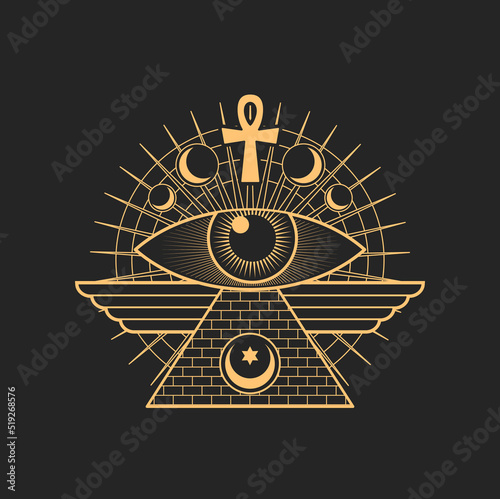 Egypt pyramid, eye occult sign, Egypt cross, moon isolated mason and magic tarot sign. Vector esoteric symbol, tattoo design element