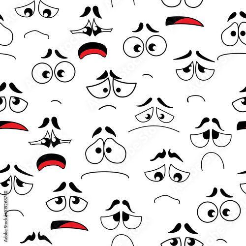 Cartoon sad, unhappy, anxious faces seamless pattern. Vector background with plaintive, deplorable personages emoji. Comic characters tragic facial expression, negative feelings, sadness emotions
