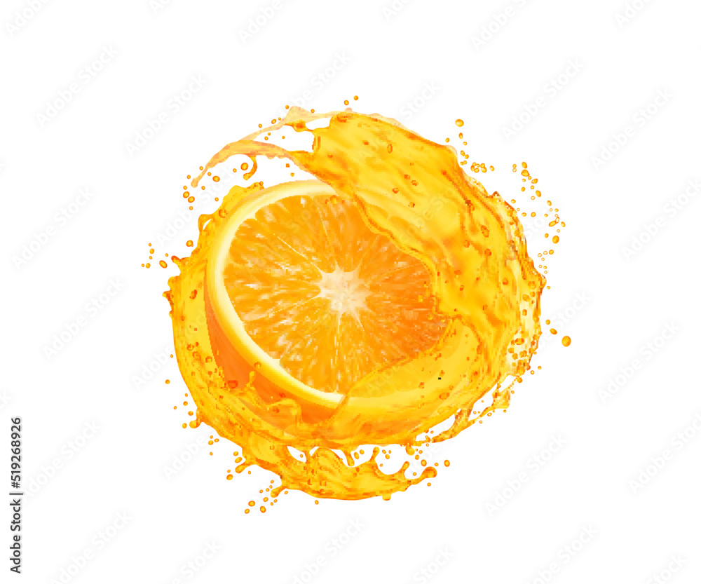Orange fruit slice with juice splash. Fresh citrus fruit juice ...
