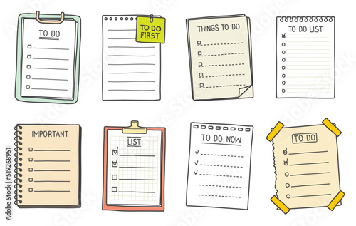 Check list sketch. Clipboard, checklist and notebook with task, to do list and checkboxes. Vector paper notes, spiral notepad or memo pad sheets with clips and adhesive tapes, hand drawn planners