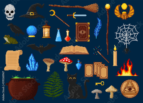 Witchcraft and Halloween 8 bit pixel art game characters. Vector witch hat, ghost skull and bat, magic book, broom, wands and crystal, black cat, potion cauldron, sphere and candle, cards and scroll