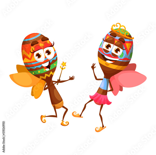 Cartoon maracas fairy characters, isolated vector mexican musical instruments personages with wings holding wand and dancing. Fiesta party celebration, maraca music play, school classes for kids