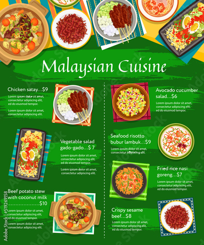 Malaysian cuisine menu, Asian lunch food dishes and dinner meals, vector restaurant poster. Malaysian food of chicken satay, beef meat and potato stew with coconut milk and avocado cucumber salad