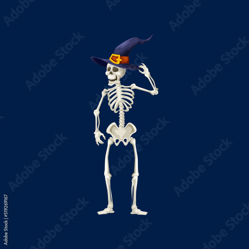 Cartoon spooky skeleton Halloween character. Vector personage in witch hat. Funny dead human bones with skull, isolated autumnal party mascot, creepy fantasy creature, isolated object