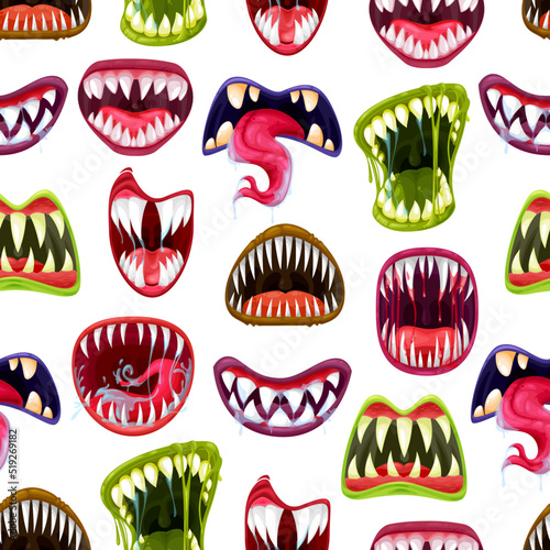 Scary monster mouths with teeth vector seamless pattern. Cartoon Halloween vampires, zombies and alien beasts with horror smiles, spooky background of drool monsters with dripping saliva, blood, slime