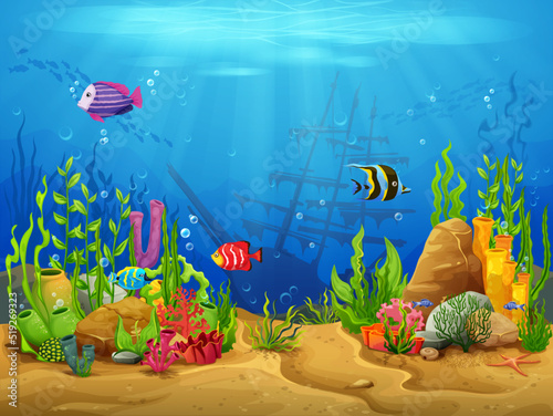 Cartoon underwater landscape, game level. Seaweed, corals, fish school and sunken ship. Vector sea or ocean under water world background, marine sand bottom with coral reef, starfish and bubbles