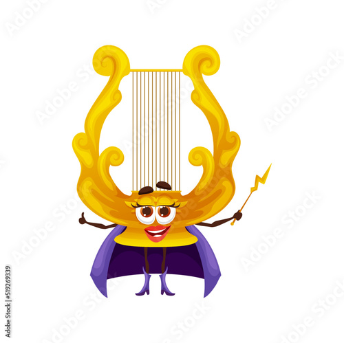 Cartoon musical lire fairy character, funny vector harp instrument personage wear cape with wand in hand. Isolated lyre enchantress, plucked stringed vintage object for playing classic or folk music