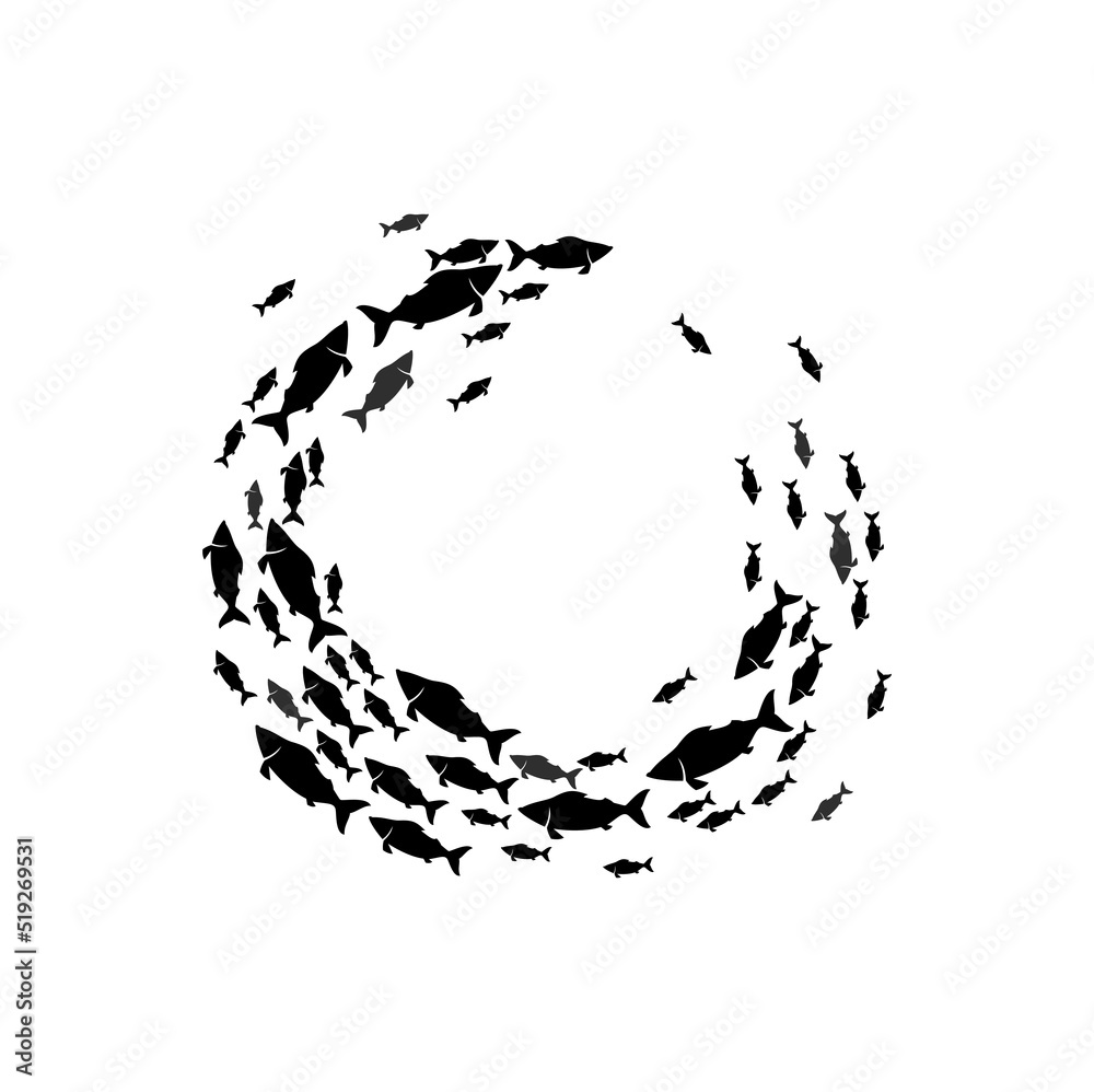 School of fish swimming in circle, frame of shoal fish silhouette. Vector marine cod flock, round border of floating underwater animals, group of aquatic tuna