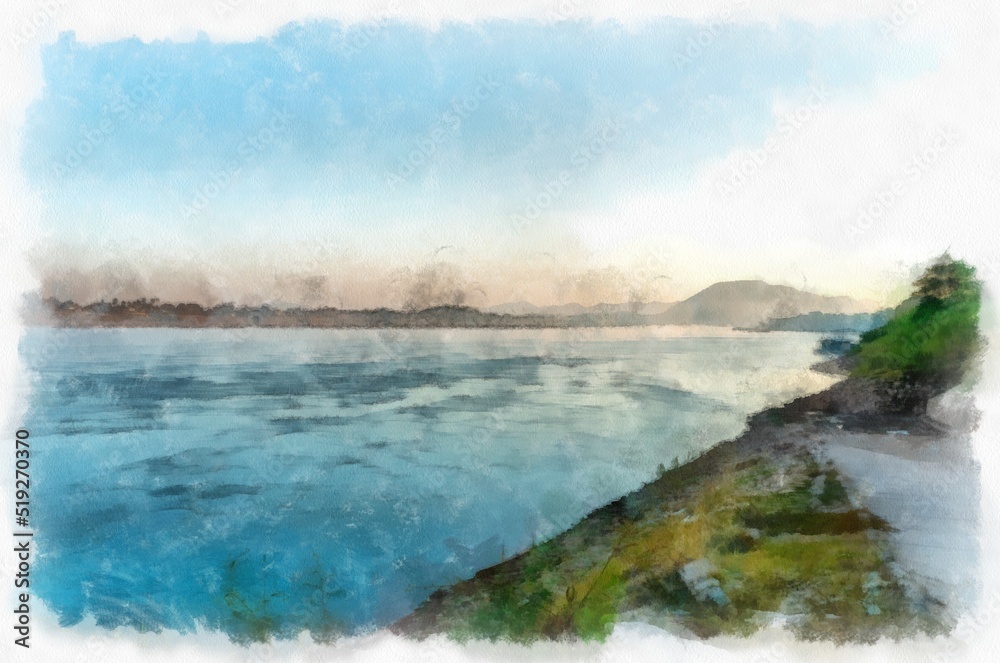 Mekong river landscape of Thailand watercolor style illustration impressionist painting. Mekong river landscape of Thailand watercolor style illustration impressionist painting.