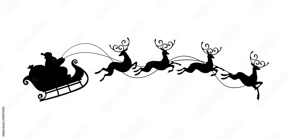 Φωτογραφία Santa Claus with a bag of gifts rides in a sleigh with reindeer, black vector silhouette isolated on white background