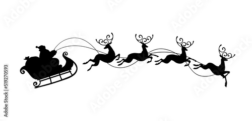 Santa Claus with a bag of gifts rides in a sleigh with reindeer, black vector silhouette isolated on white background. Christmas flat illustration for design, window sticker. photo