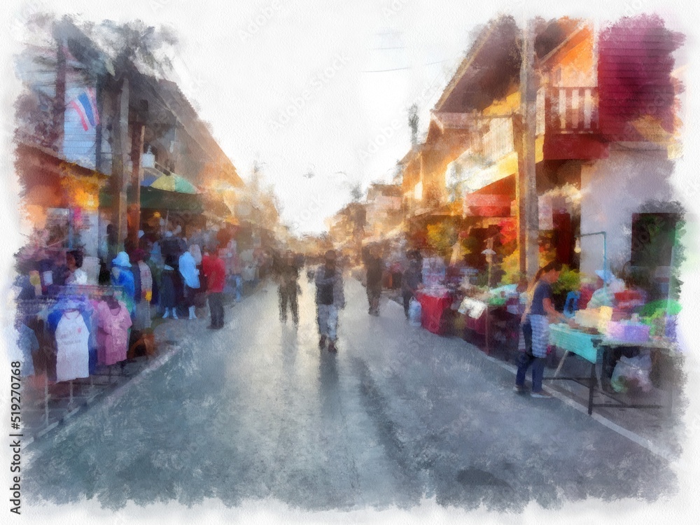 Fototapeta premium Street landscape in a commercial area of rural Thailand watercolor style illustration impressionist painting.