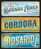 Buenos Aires, Cordoba, Rosario argentine city travel stickers and plates. Argentina city vintage stickers or shabby postcards. South America voyage destination vector tin sign or banner, travel plate