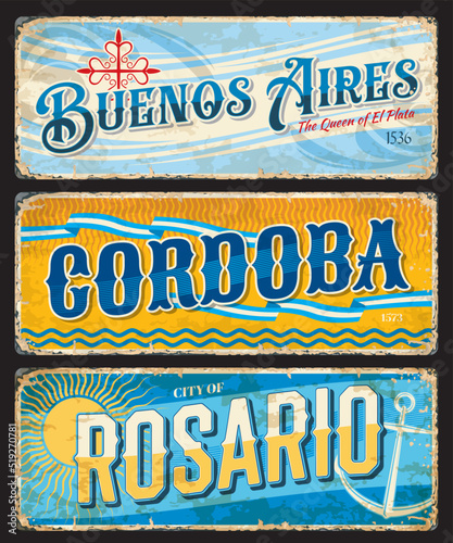Buenos Aires, Cordoba, Rosario argentine city travel stickers and plates. Argentina city vintage stickers or shabby postcards. South America voyage destination vector tin sign or banner, travel plate photo