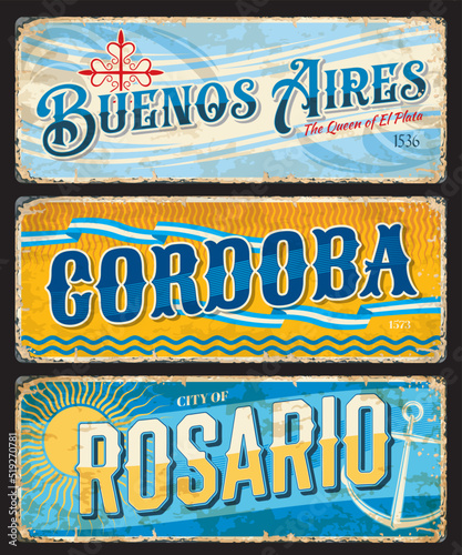 Buenos Aires, Cordoba, Rosario argentine city travel stickers and plates. Argentina city vintage stickers or shabby postcards. South America voyage destination vector tin sign or banner, travel plate