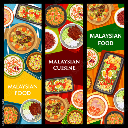 Malaysian cuisine banners, Asian food and restaurant lunch and dinner meals, vector menu. Malaysian traditional kitchen dishes sesame beef, seafood risotto and vegetables salad with chicken satay