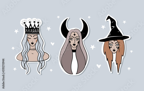 Set of halloween stickers cute witch in hat, queen in crown, goddess with crescent moons in her hair. Flat isolated vector illustration, tattoo.