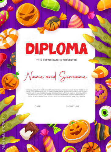 Halloween kids diploma. Cartoon candies, cookie and sweets. Halloween creepy treats on children graduation vector certificate, spooky eyeball, finger and pumpkin candy sweets on kids education diploma
