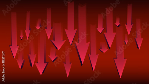 Lots of red arrows with shadows pointing down on dark red background. Symbol of falling market or economy. News banner.