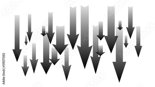 Lots of crossed black arrows pointing down isolated on white background. Symbol of falling market or economy.