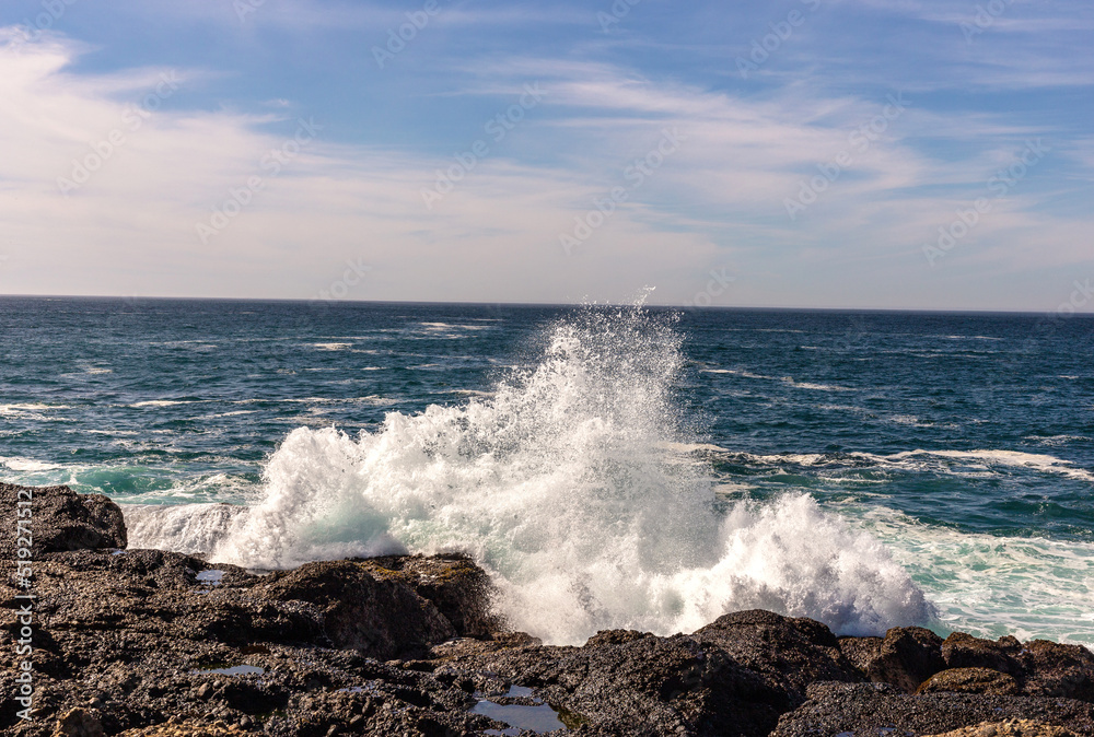 A view on Pacific ocean coast with blue sky and water and waves