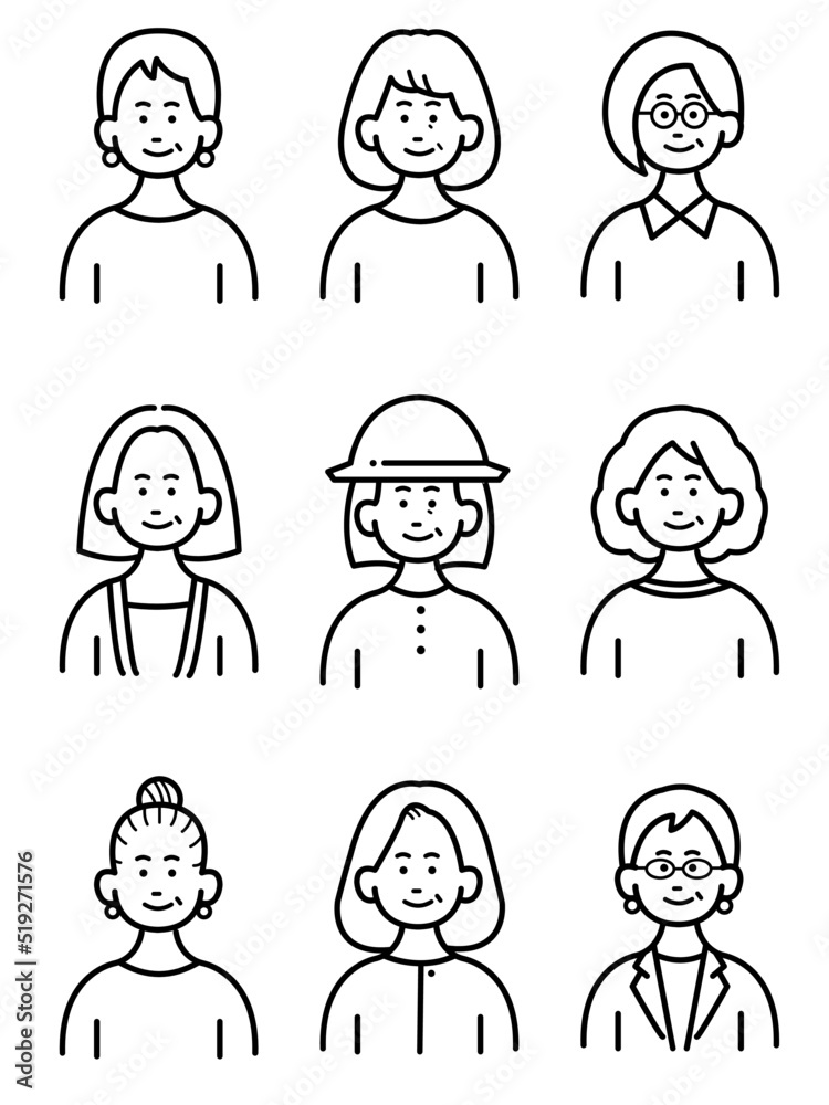色々なシニア女性の線画イラスト素材セット 色々なシニア女性の線画イラスト素材セット