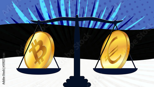 Gold coin of Bitcoin BTC and Euro EUR on scales and colored flag of Estonia on background. Central Bank of Estonia adopts laws on digital assets CBDC.