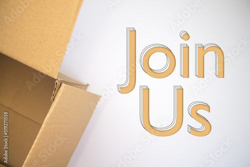 Join Us word with cardboard box. Brown folded cardbox.
