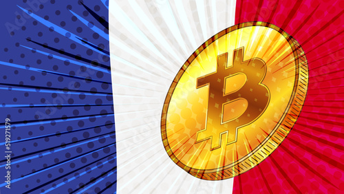 Gold coin of Bitcoin BTC and colored flag of France on background. Central Bank of France adopts laws on mining and digital assets.