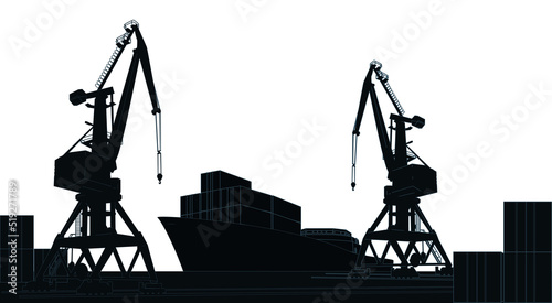 Silhouette commercial cargo port with cranes and container ship at the pier isolated on white background.