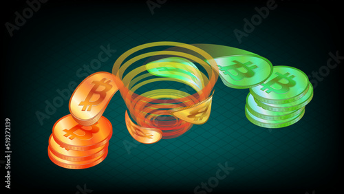 Dirty bitcoins go through Tornado Cash and become clean in isometric view on dark. Tornado Cash is service for confidential transfer of cryptocurrency. Banner for news.