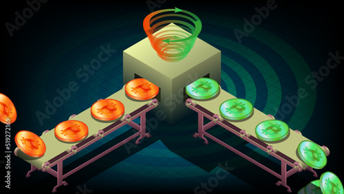 Dirty bitcoins on conveyor go through Tornado Cash and become clean in isometric view on dark background. Tornado Cash is service for confidential transfer of cryptocurrency.