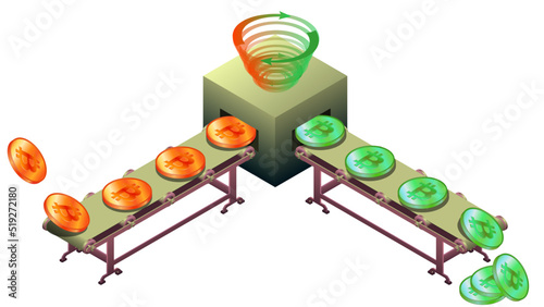 Dirty bitcoins on conveyor go through Tornado Cash and become clean in isometric view isolated on white. Tornado Cash is service for confidential transfer of cryptocurrency.