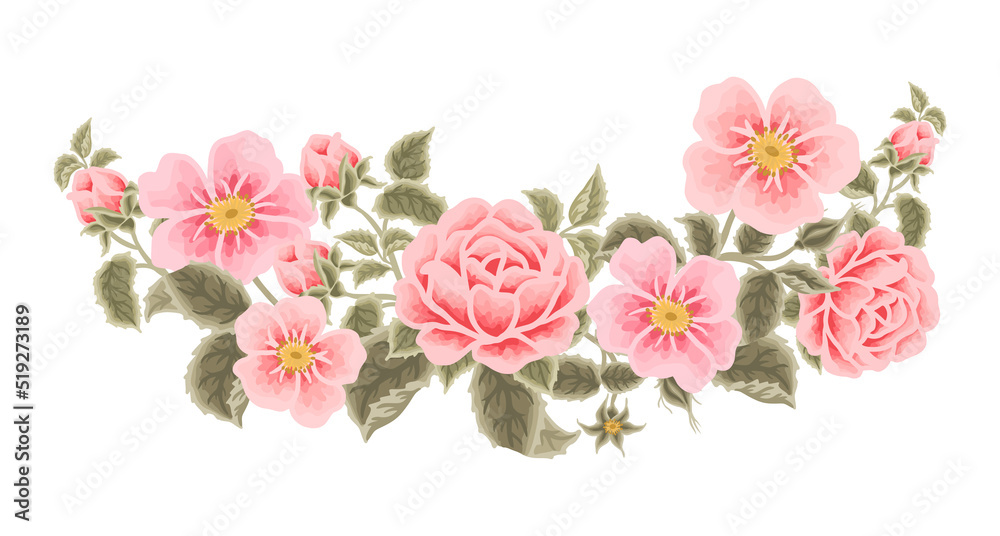 Pastel pink floral bouquet illustration with roses, peony, green leaf branches for wedding stationary, greeting card decoration, feminine and beauty elements isolated on white background