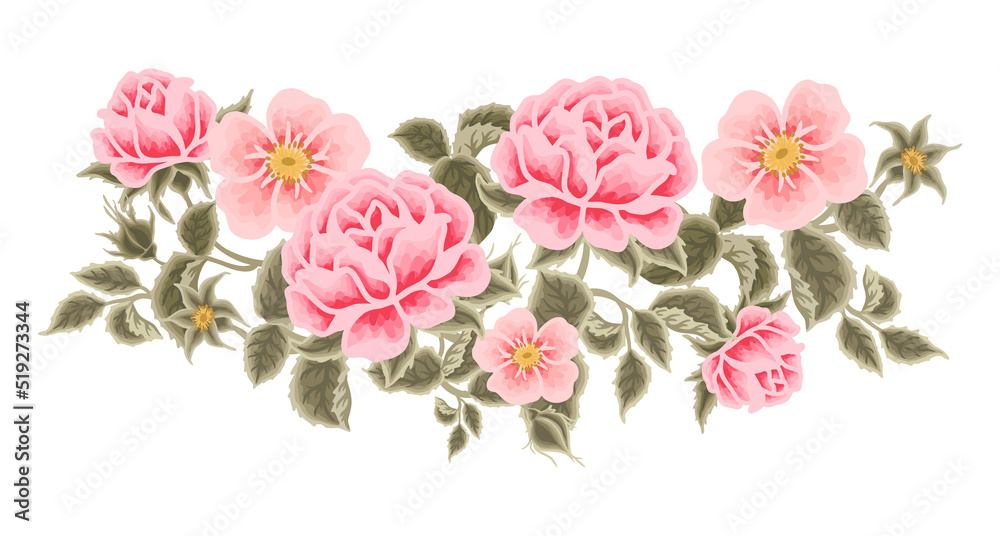 Pastel pink flower bouquet illustration with roses, peony, green leaf branches for wedding stationary, greeting card decoration, feminine and beauty elements isolated on white background Pastel pink flower bouquet illustration with roses, peony, green leaf branches for wedding stationary, greeting card decoration, feminine and beauty elements isolated on white background