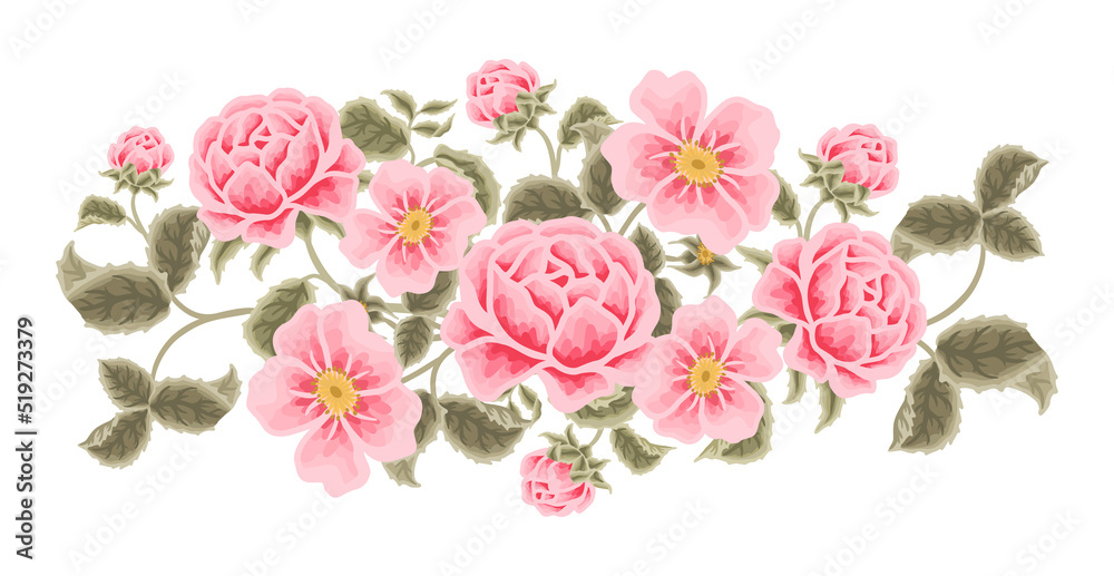 Pastel pink flower bouquet illustration with roses, peony, green leaf branches for wedding stationary, greeting card decoration, feminine and beauty elements isolated on white background