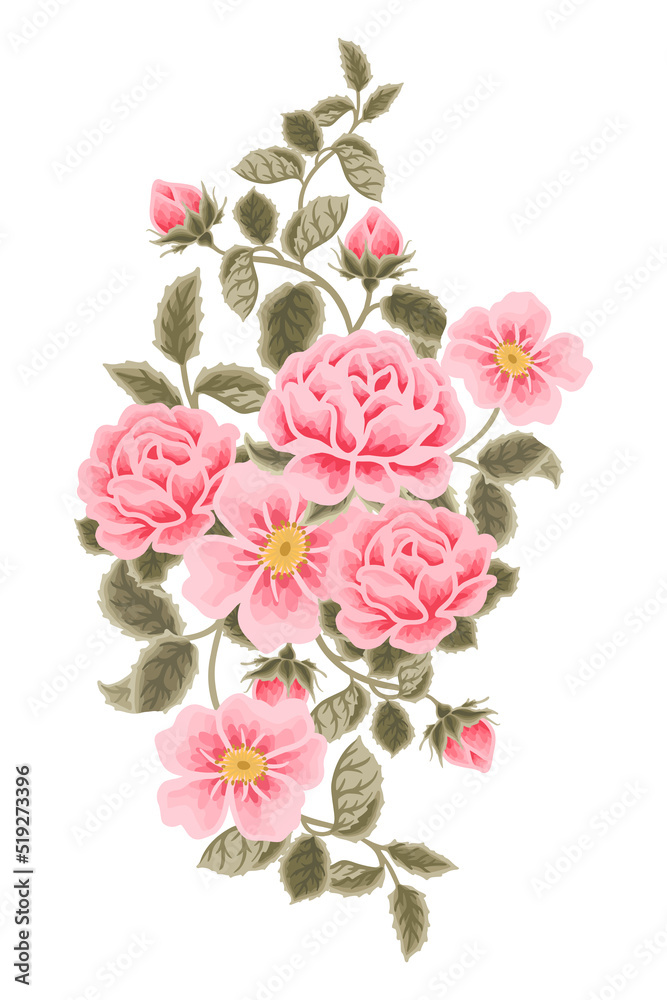 Fototapeta premium Pastel pink flower bouquet illustration with roses, peony, green leaf branches for wedding stationary, greeting card decoration, feminine and beauty elements isolated on white background