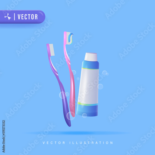 3D Realistic Dental and Oral Care with Toothbrush and Toothpaste Vector Illustration. Dental Hygiene. Products for Cleaning Teeth. Dental cleaning tools