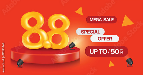 Number 8.8 yellow 3D is placed on red circular podium and beside there is promotion text mega sale special offer up to 50% and with spotlights sent to all objects for eighth day of eighth month promo