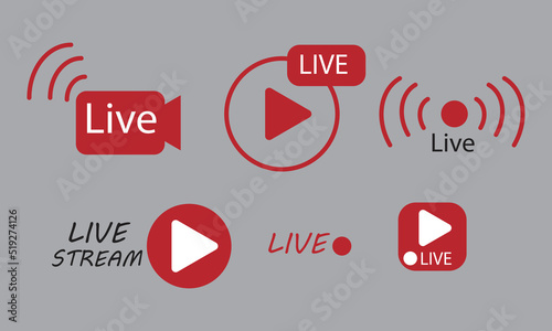 set of live streaming icons in red color with gray background vector icon for live videos and tv shows and more 