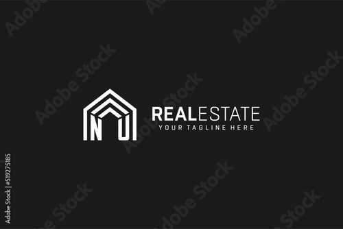Letter NU house roof shape logo, creative real estate monogram logo style