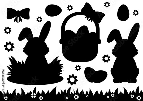Happy Easter. Set of little cute rabbits. Basket, bunny, eggs. Colored flat vector illustration isolated on white background. Cartoon character.