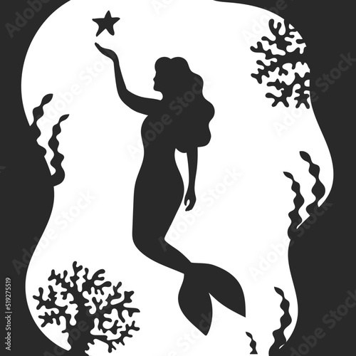 Young beautiful mermaid. Black silhouette. Design element. Vector illustration isolated on white background. Template for books, stickers, posters, cards, clothes.