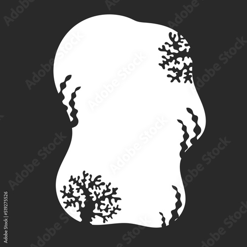 At the depth of the sea. Black silhouette. Algae and corals. Colored background for your design. For wallpapers, covers, postcards, banners. Vector illustration.