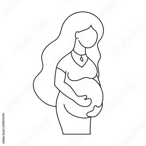 Silhouette of a pregnant girl with long hair. Beautiful woman in a dress. Simple flat vector illustration isolated on white background.