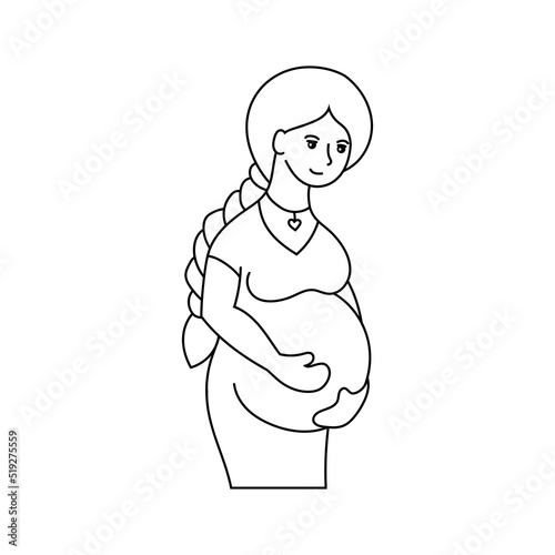 Silhouette of a pregnant girl with long hair. Beautiful woman in a dress. Simple flat vector illustration isolated on white background.